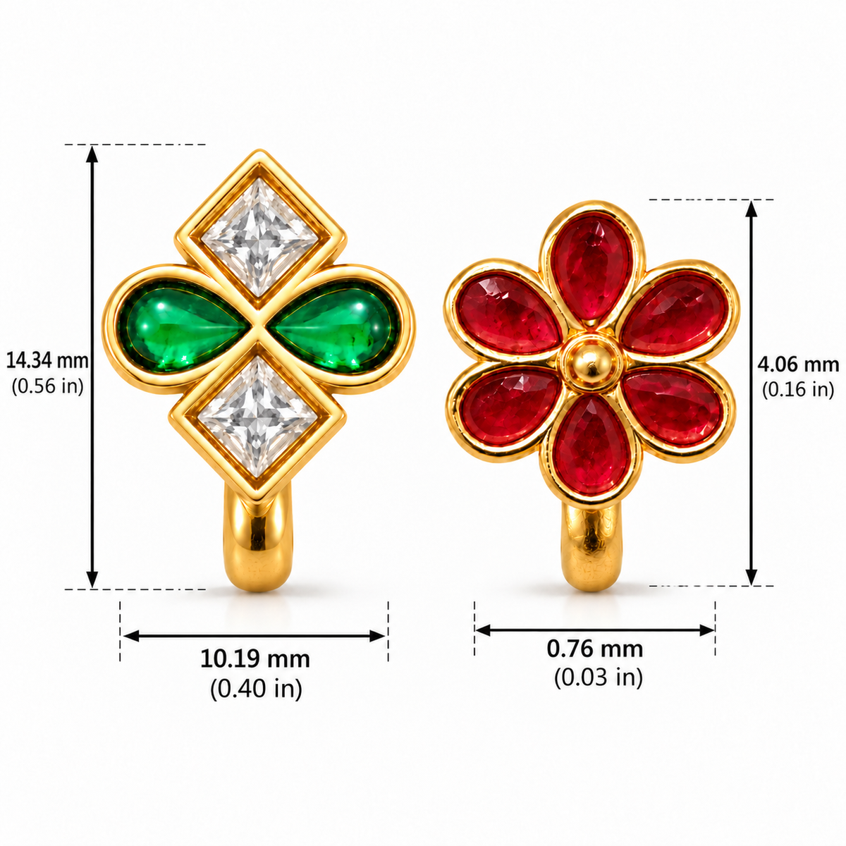 Green & White Stone Nose Pin and Red Floral Nose Pin Combo Set of 2, Gold Plated Brass Clip On Nose Pins, Non Piercing Indian Nose Jewelry