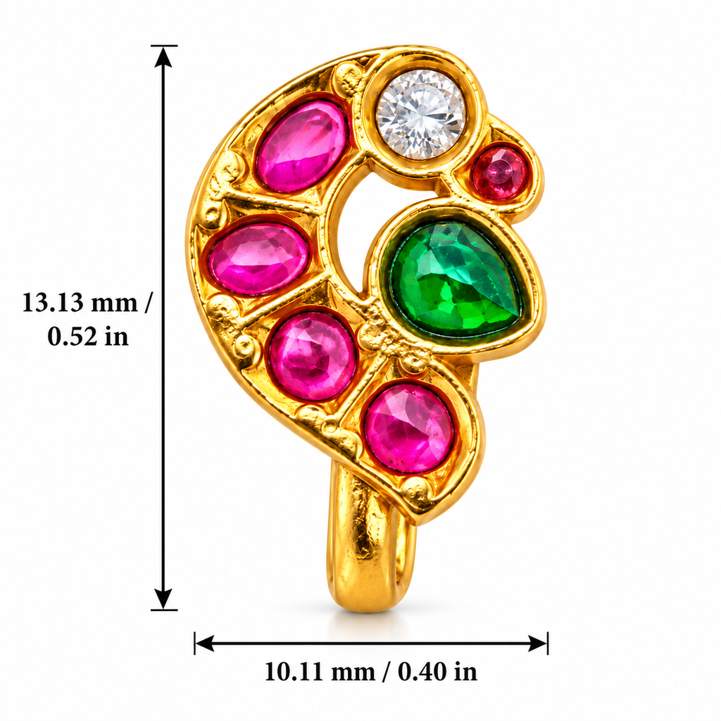Traditional Kundan Peacock Clip On Nose Pin for Women, Gold Plated Brass Non Piercing Nath, Pink Green Stone Indian Bridal Nose Ring, Ethnic Wedding Jewelry