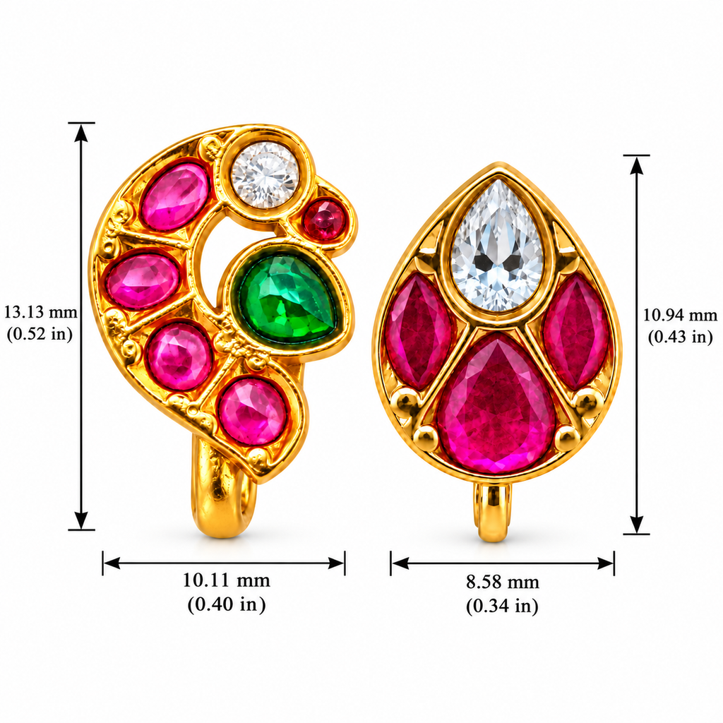 Set of 2 Kundan Clip On Nose Pins, Peacock & Leaf Design Nose Studs, Pink Green White Stone Nose Jewelry, Gold Plated Brass, Non Piercing Indian Jewelry
