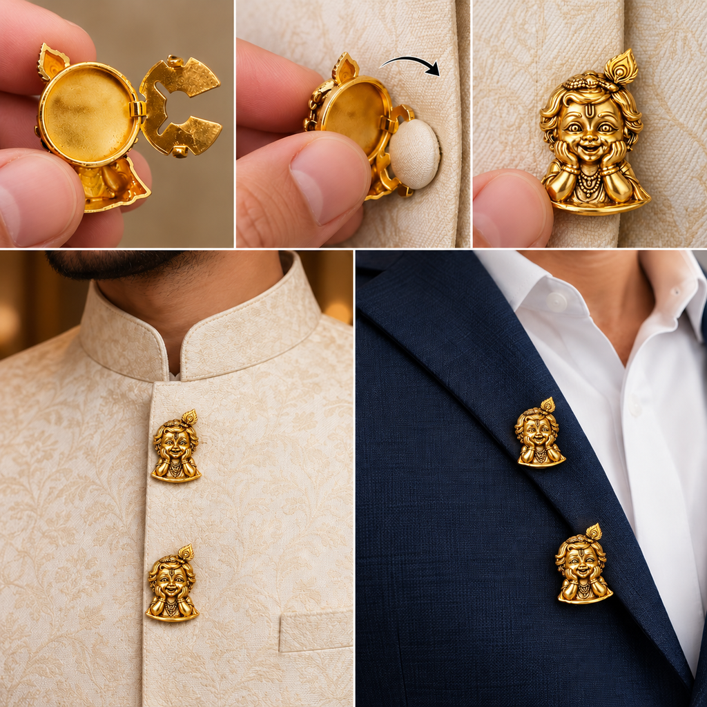 Shri Krishna Bal Roop Gold Plated Brass Button Covers for Men – Pair