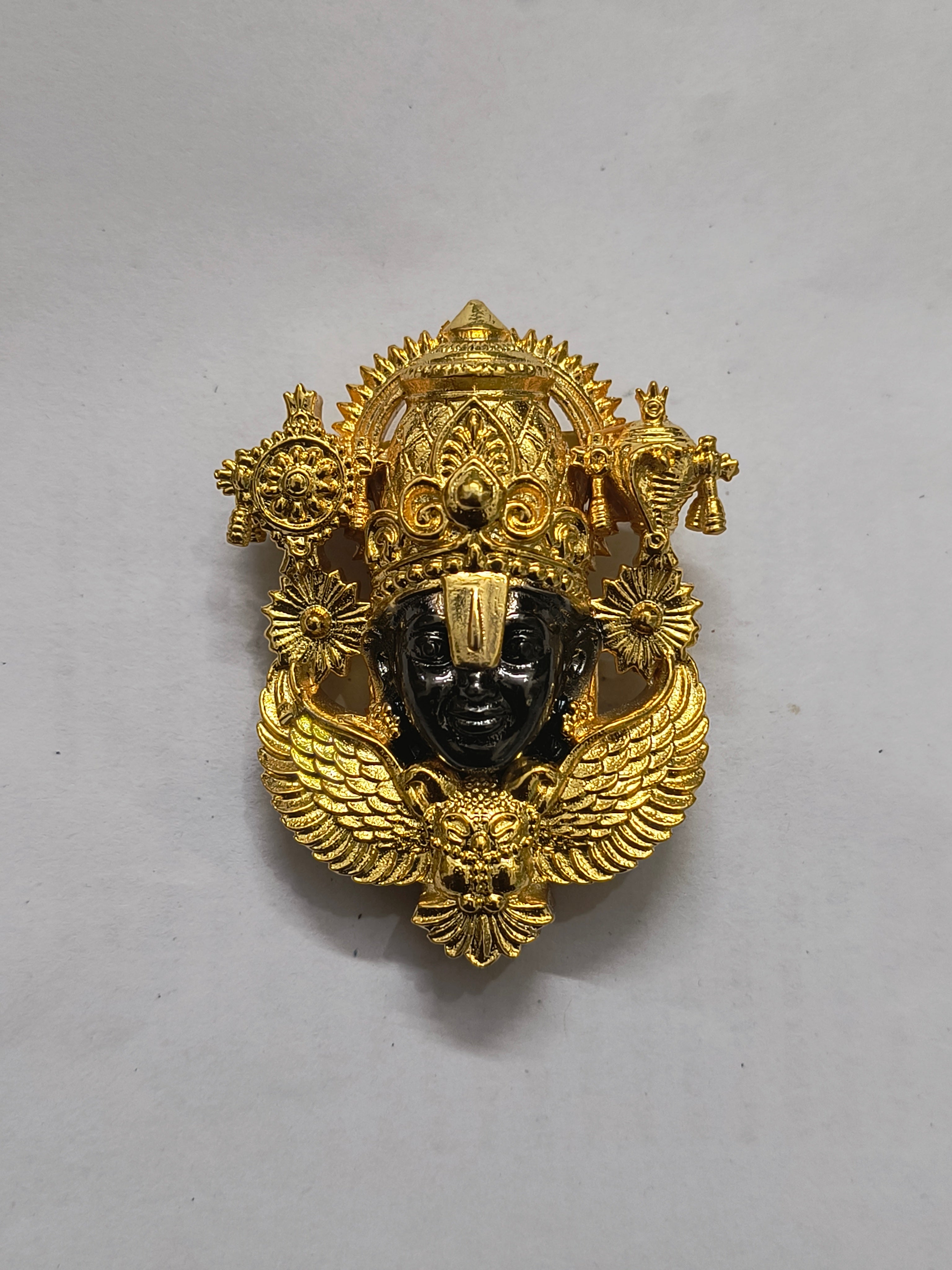 Tirupati Balaji Gold Plated Brass Brooch with Black Rhodium Face | Lord Venkateswara Spiritual Brooch Pin | Traditional Temple Jewellery for Men & Women