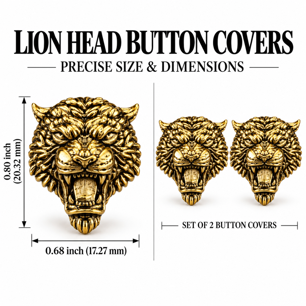 Antique Gold Plated Brass Lion Face Button Covers for Men | Royal Roaring Lion Design Shirt Accessories | Pair of Decorative Button Studs
