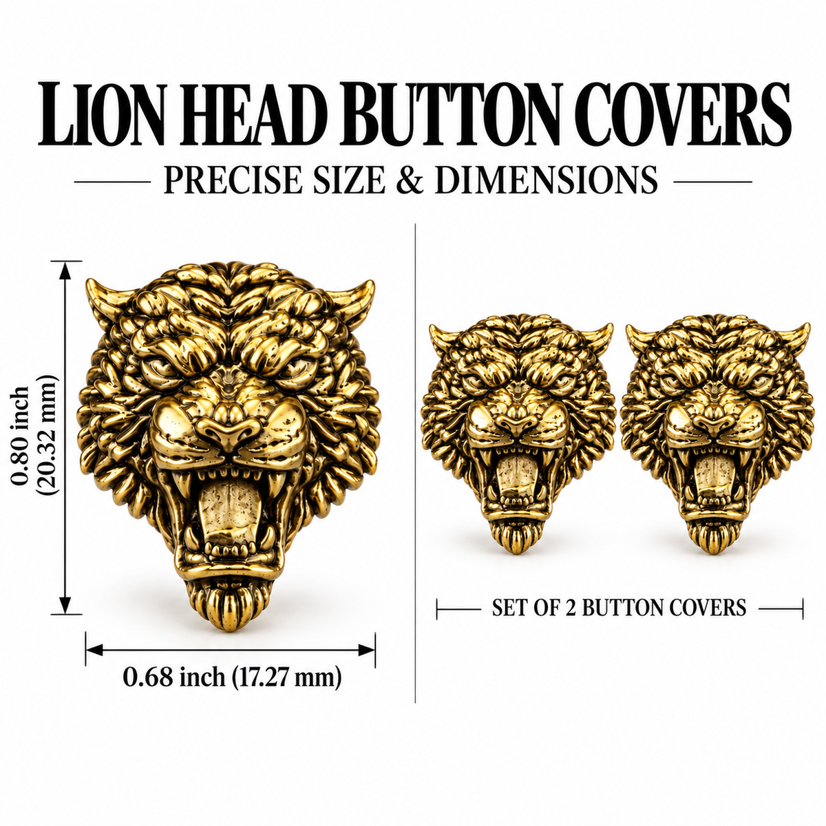 Antique Gold Plated Brass Lion Face Button Covers for Men | Royal Roaring Lion Design Shirt Accessories | Pair of Decorative Button Studs