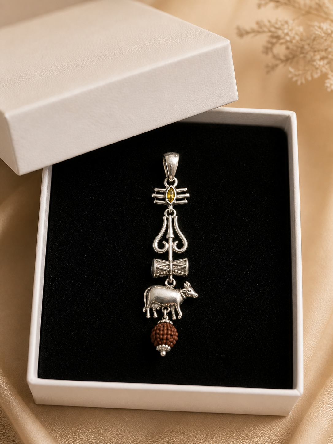 Oxidized Shiv Trishul Pendant with Nandi & Rudraksha | Silver Tone Spiritual Necklace | Mahadev Jewelry for Men & Women