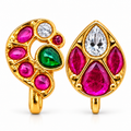 Set of 2 Kundan Clip On Nose Pins, Peacock & Leaf Design Nose Studs, Pink Green White Stone Nose Jewelry, Gold Plated Brass, Non Piercing Indian Jewelry