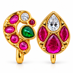 Set of 2 Kundan Clip On Nose Pins, Peacock & Leaf Design Nose Studs, Pink Green White Stone Nose Jewelry, Gold Plated Brass, Non Piercing Indian Jewelry