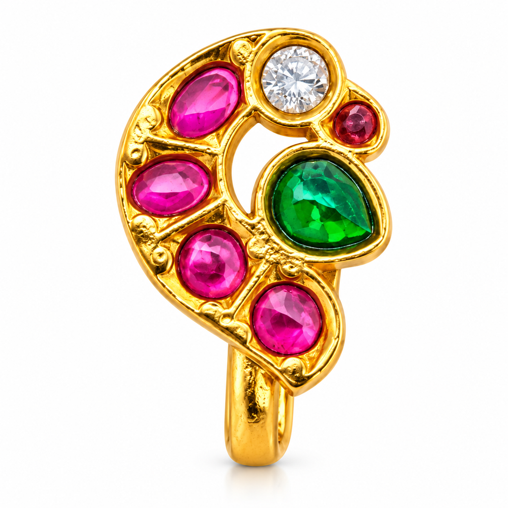 Traditional Kundan Peacock Clip On Nose Pin for Women, Gold Plated Brass Non Piercing Nath, Pink Green Stone Indian Bridal Nose Ring, Ethnic Wedding Jewelry