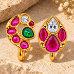 Set of 2 Kundan Clip On Nose Pins, Peacock & Leaf Design Nose Studs, Pink Green White Stone Nose Jewelry, Gold Plated Brass, Non Piercing Indian Jewelry