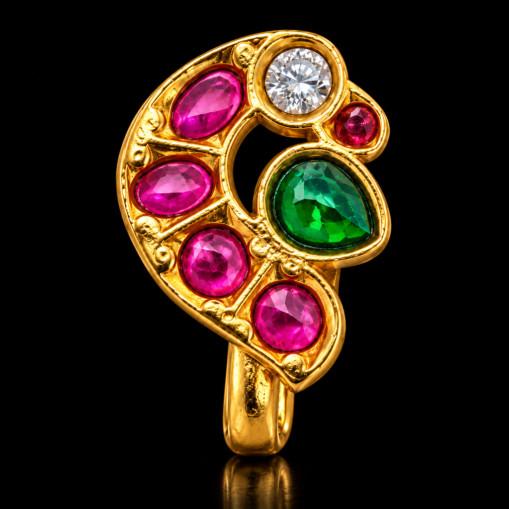 Traditional Kundan Peacock Clip On Nose Pin for Women, Gold Plated Brass Non Piercing Nath, Pink Green Stone Indian Bridal Nose Ring, Ethnic Wedding Jewelry