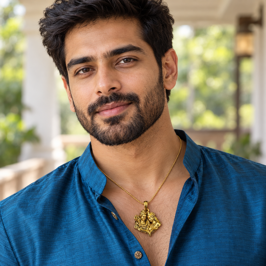 Shiv Parvati Pendant for Men & Women | Gold Plated Brass Mahadev Parvati Necklace Pendant | Hindu Religious Spiritual Jewellery