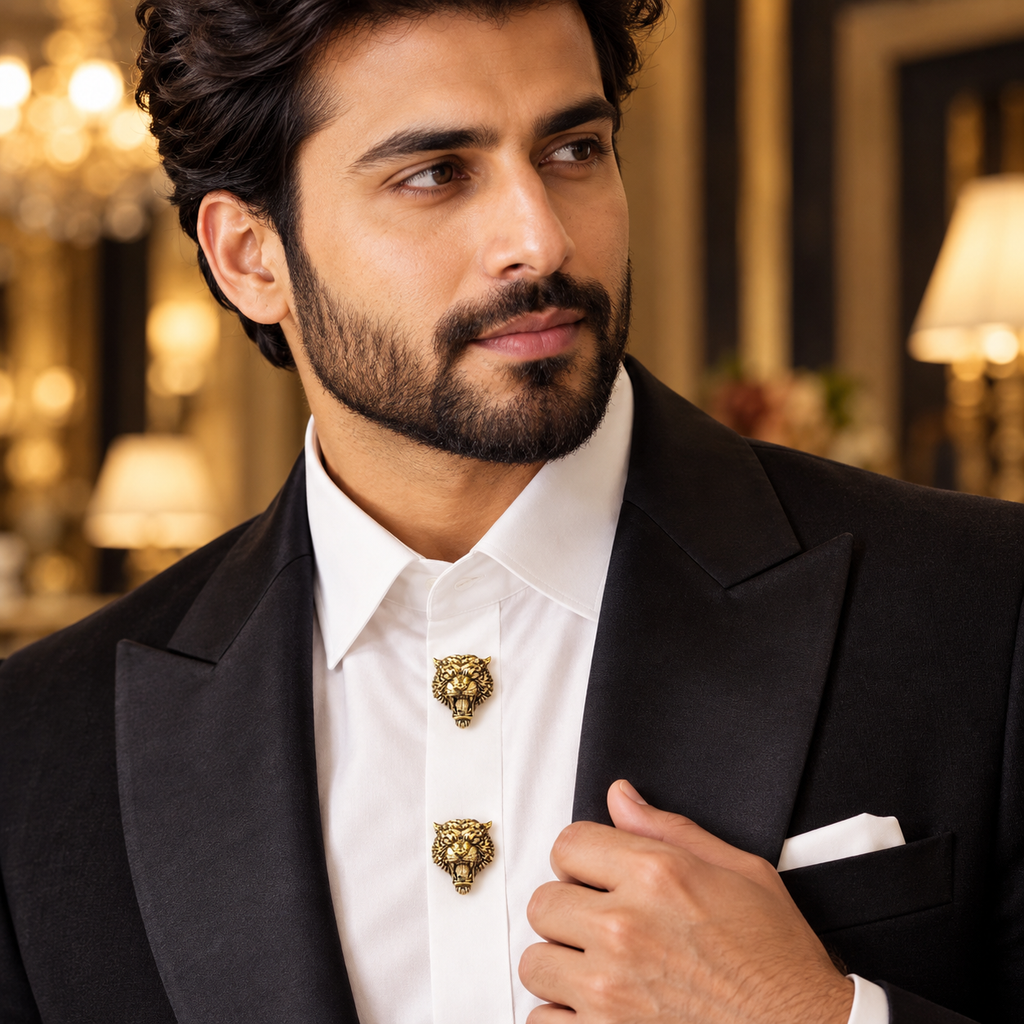 Antique Gold Plated Brass Lion Face Button Covers for Men | Royal Roaring Lion Design Shirt Accessories | Pair of Decorative Button Studs