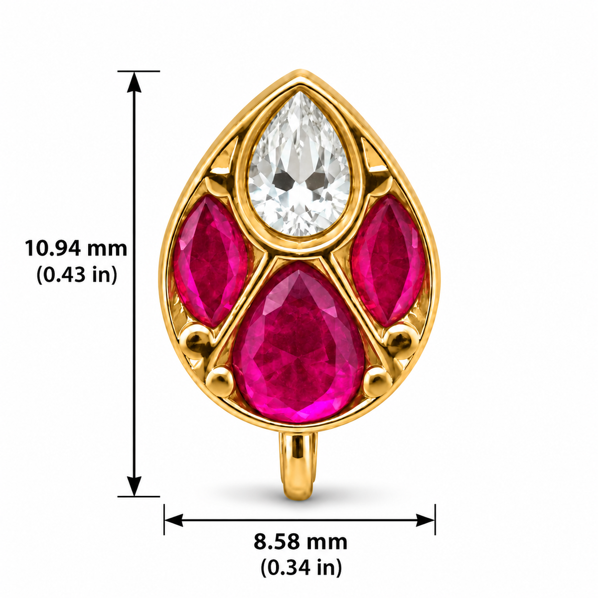 Kundan Leaf Clip-On Nose Pin Gold Plated Brass with Pink Red and White Stones