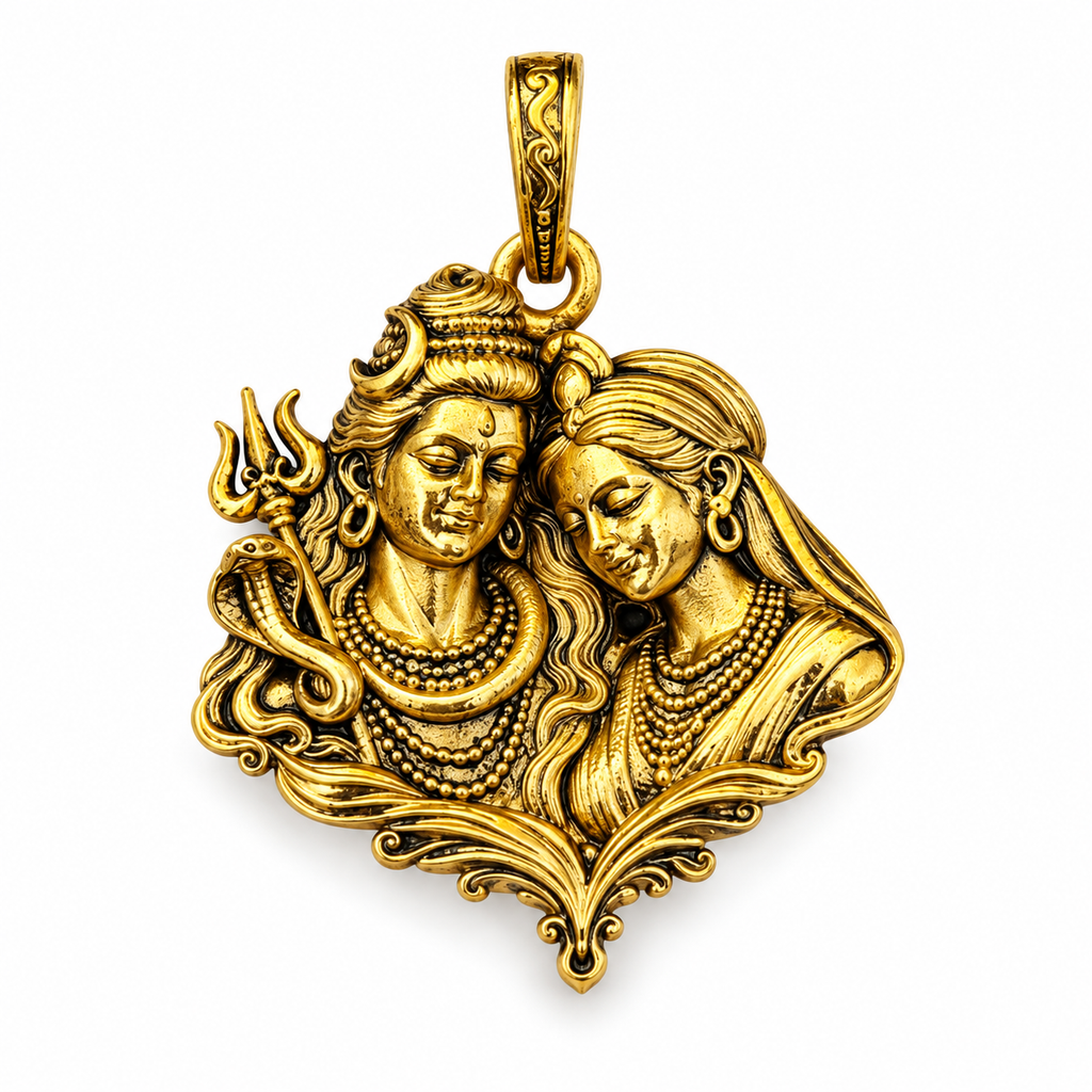 Shiv Parvati Pendant for Men & Women | Gold Plated Brass Mahadev Parvati Necklace Pendant | Hindu Religious Spiritual Jewellery
