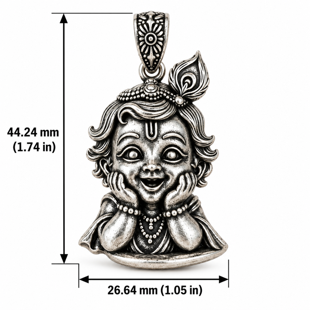 Krishna Bal Roop Pendant for Men and Women | Silver Plated Brass Laddu Gopal Design with Antique Oxidised Finish | Religious Hindu God Pendant | Made to Order