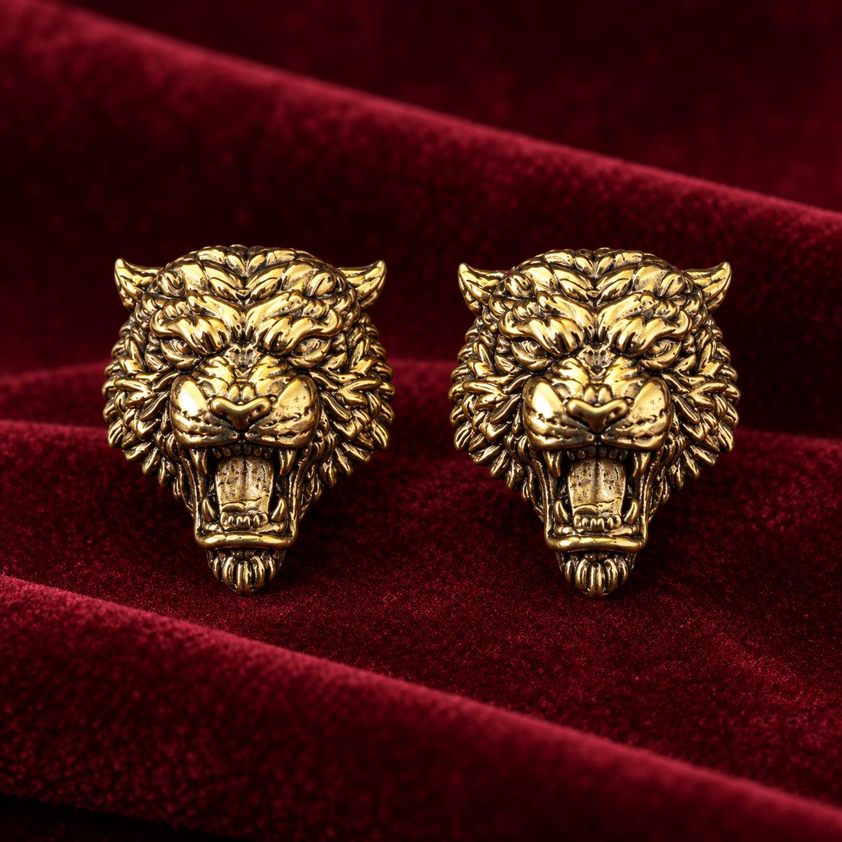 Antique Gold Plated Brass Lion Face Button Covers for Men | Royal Roaring Lion Design Shirt Accessories | Pair of Decorative Button Studs