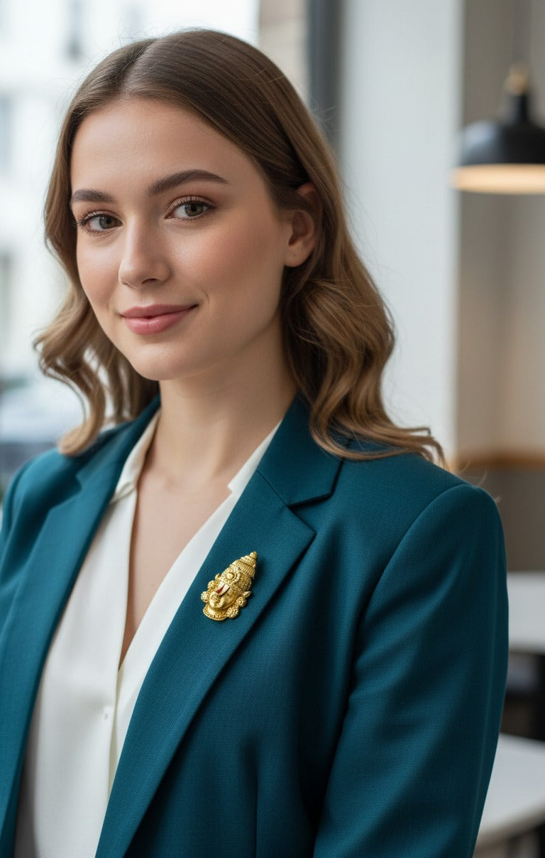 Lord Tirupati Balaji Gold Plated Brass Ethnic Brooch