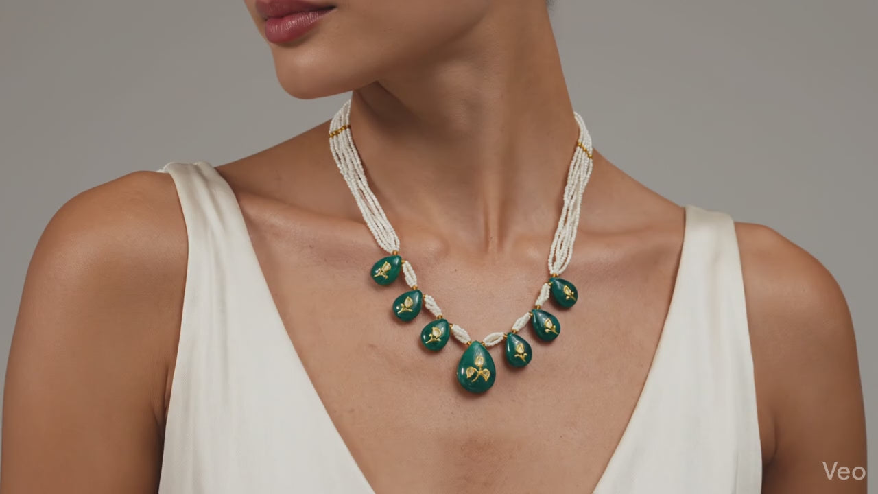 Handcrafted Green Onyx & Diamond Polki Necklace with Seed Pearl Strands – Royal Kundan Jewelry for Women